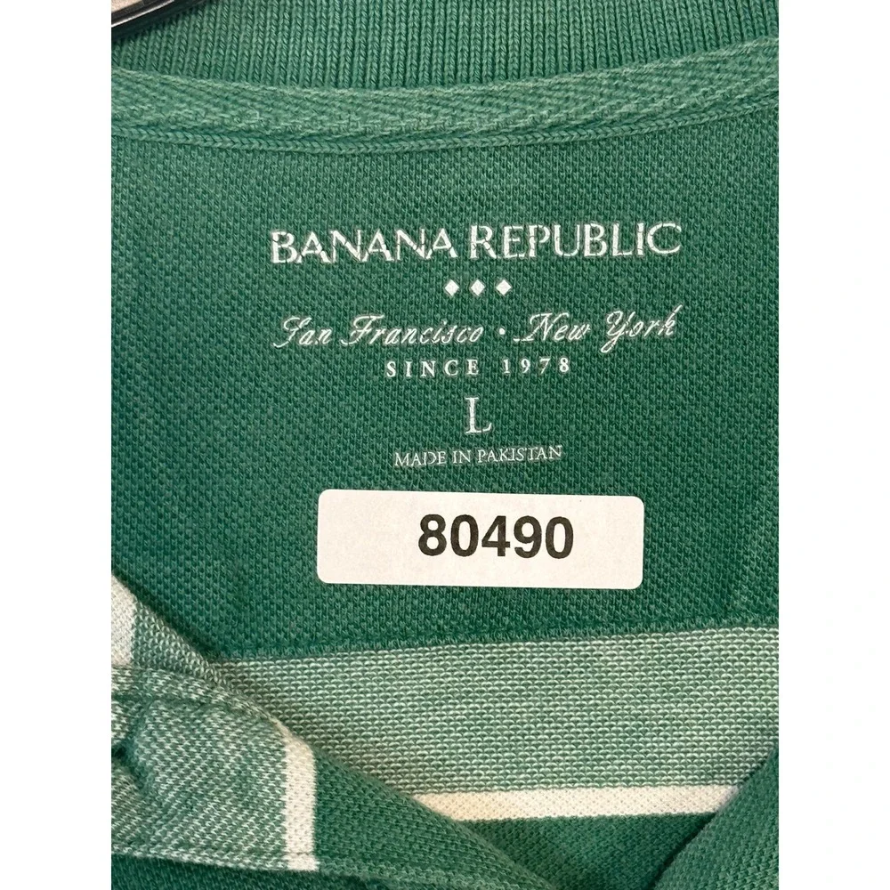 Banana Republic Mens Green White Striped Cotton Polo Shirt Elephant Logo Large